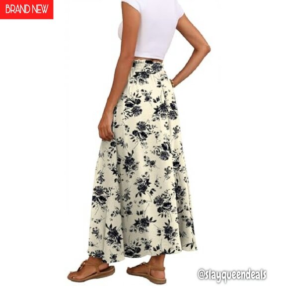 Maxi Skirt with Pockets, Elastic High Waist, Tie Knot, Chiffon, Boho Style - Picture 3 of 7